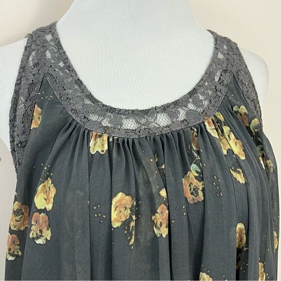 Free People Floral Trapeze Swing Dress Gray Yellow M - Picture 8 of 8